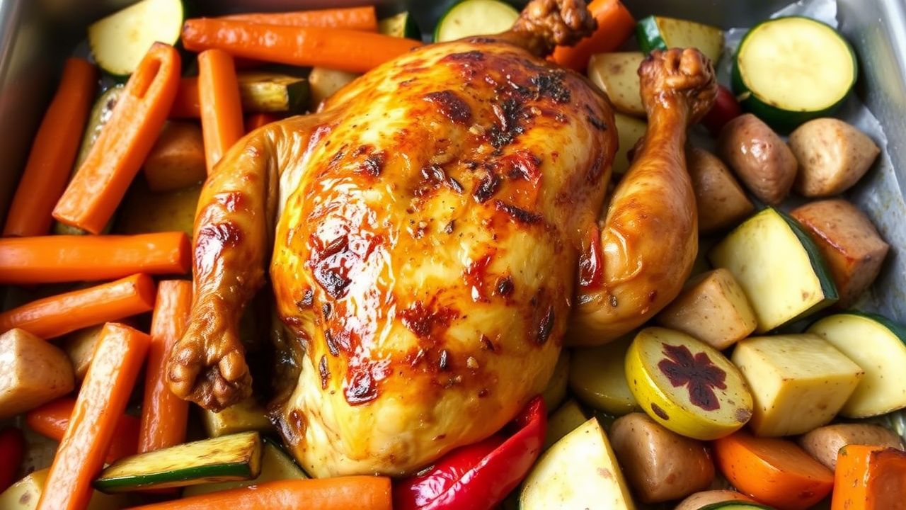 Delicioso pollo al horno a la cerveza y mostaza con vegetales